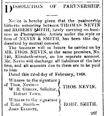 Nevin and Smith dissolution 26 Feb 1868