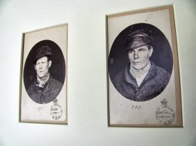 Mugshots by T. J. Nevin 1875 of prisoners in grey uniforms and leather caps, SLNSW Mitchell Collection
