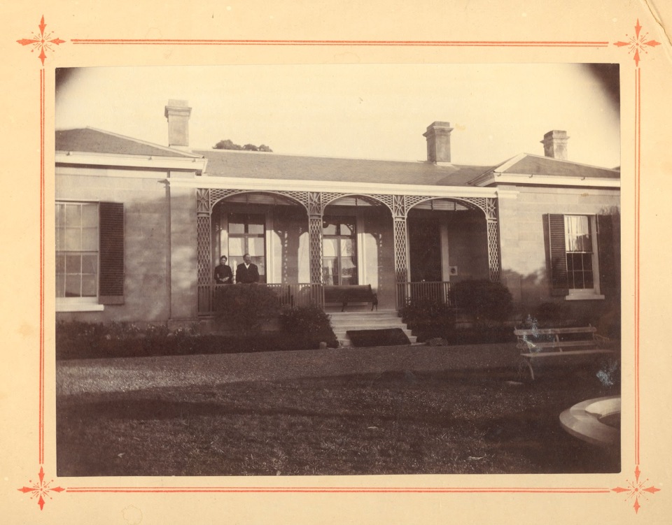 Elizabeth and James Bayley on the verandah at Runnymede, New Town, Tasmania ca. 1890